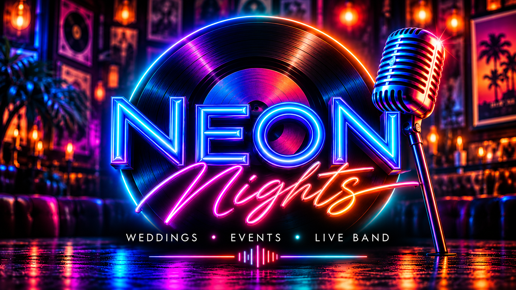 Neon Nights wedding and event band neon record-store artwork
